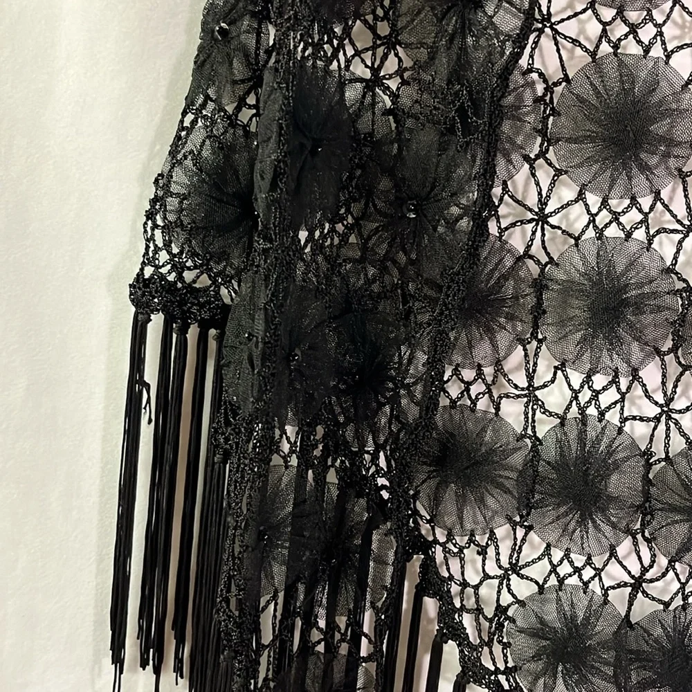 Black Crochet Beaded Floral Fringe Shawl - Picture 7 of 15